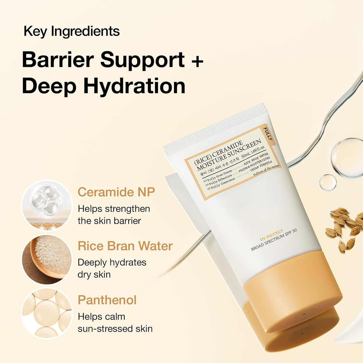 FULLY FULLY Rice Ceramide Moisture Sunscreen, SPF 50, No White Cas - image 5